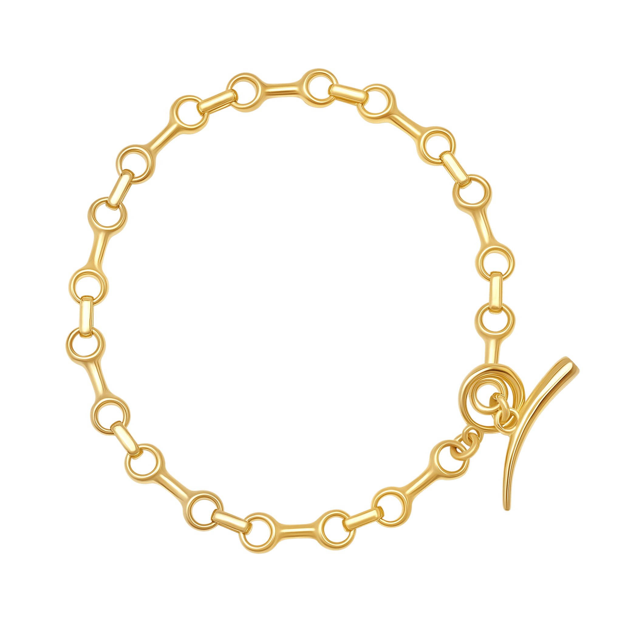 Gold bracelet with 15mm gold links connected with a tusk toggle clasp on white background