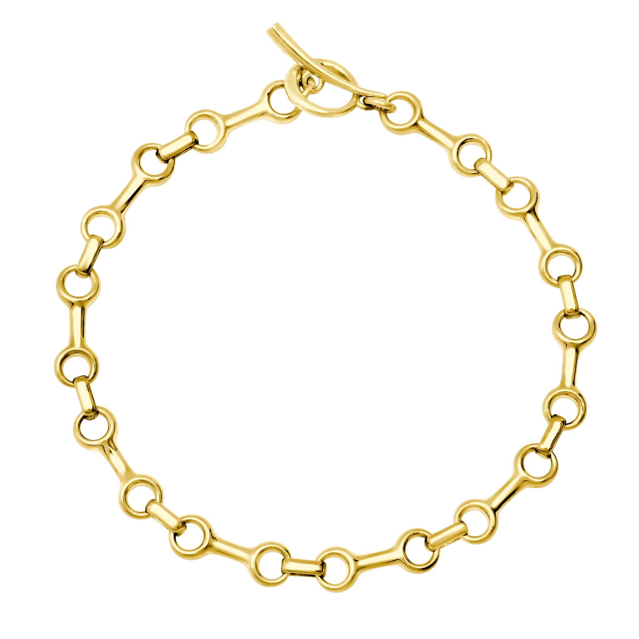 Gold bracelet with 15mm gold links connected with a tusk toggle clasp on white background