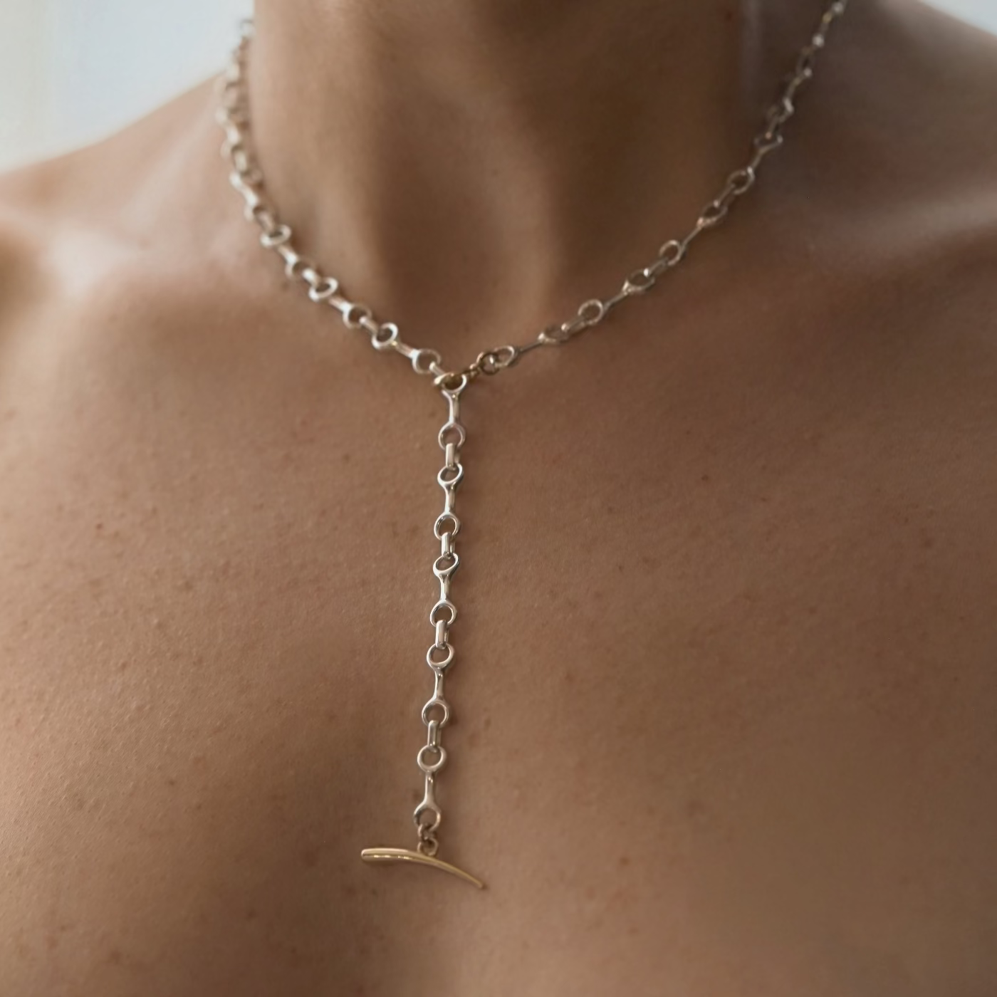 15 MM Two Tone Double Beam Chain Necklace with Tusk Clasp — worn at neckline, Gabriela Artigas