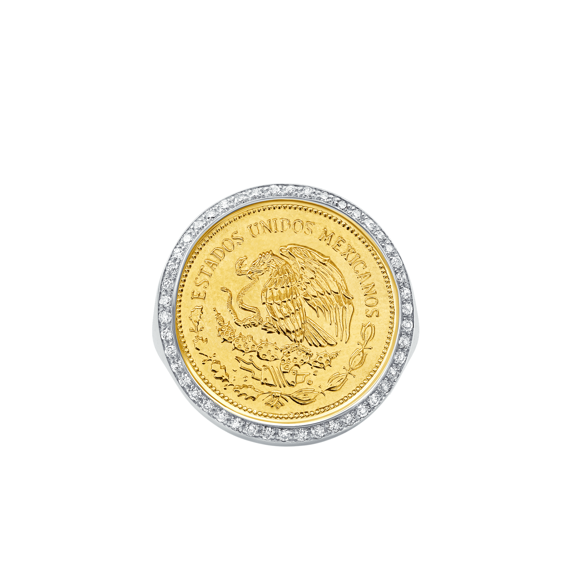 A signet ring with a vintage Mexican coin featuring sparkling white pavé diamonds on the rim - Gabriela Artigas