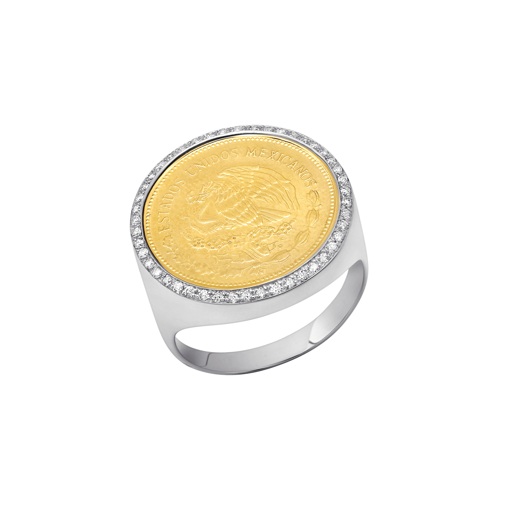 White gold ring showcasing a vintage Mexican coin surrounded by white pavé diamonds - Gabriela Artigas