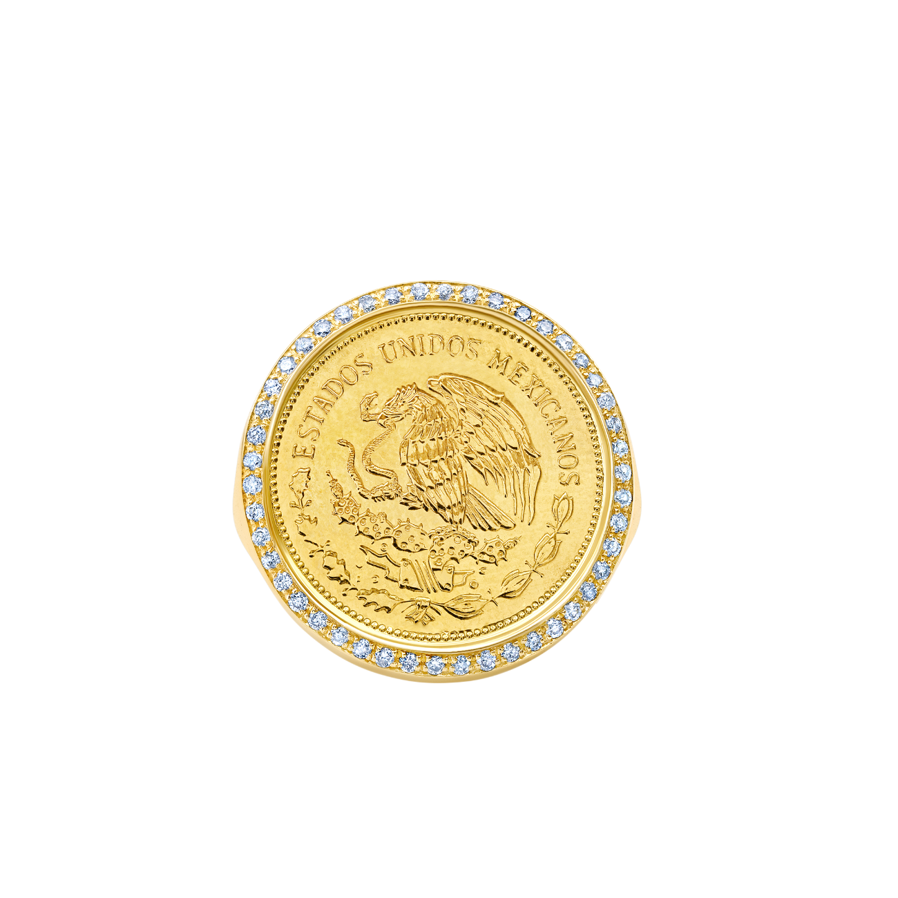 A signet ring, featuring a vintage Mexican coin at its center, encircled by a border of white pavé diamonds - Gabriela Artigas