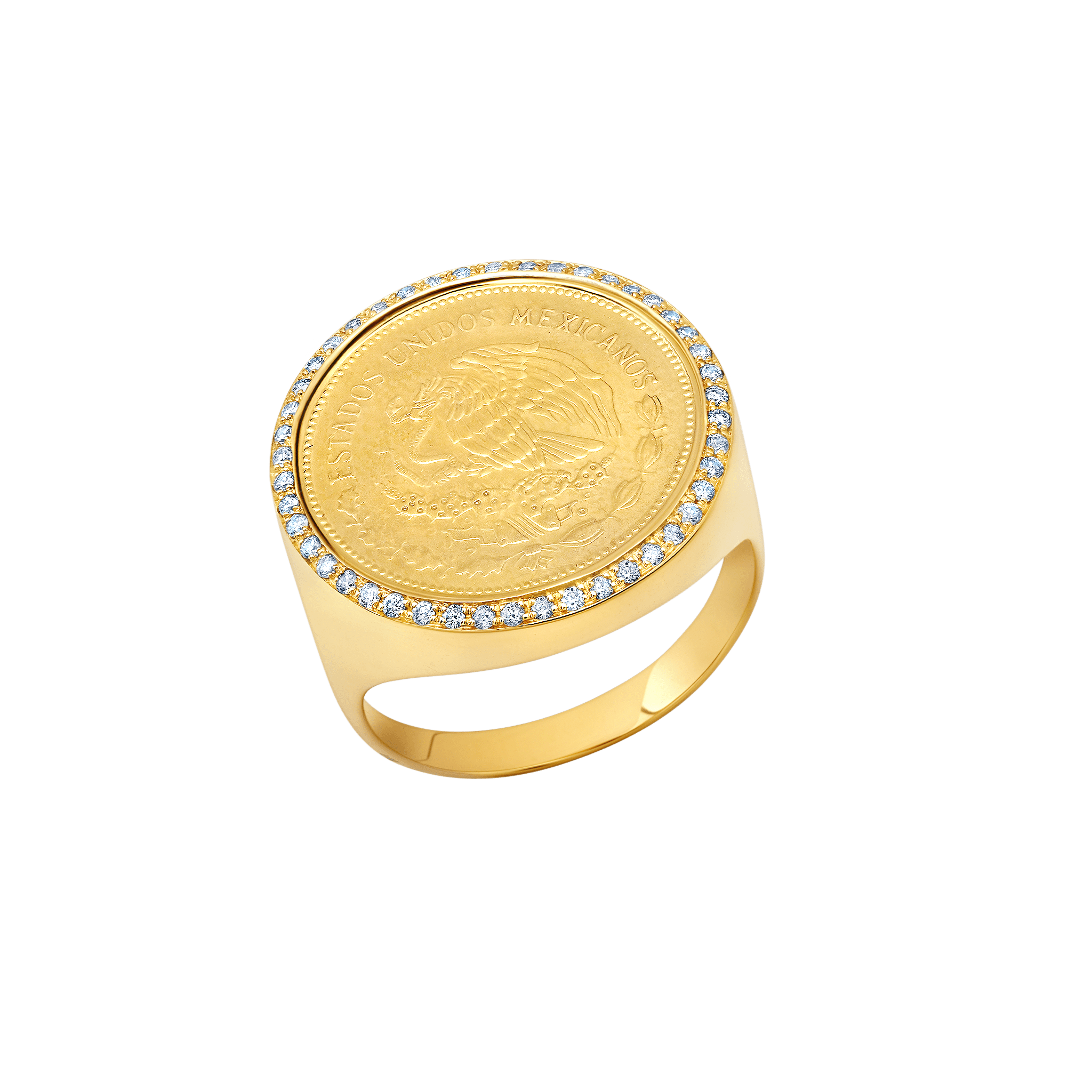 Yellow gold signet ring inset with a vintage Mexican coin with a halo of white pavé diamonds - Gabriela Artigas