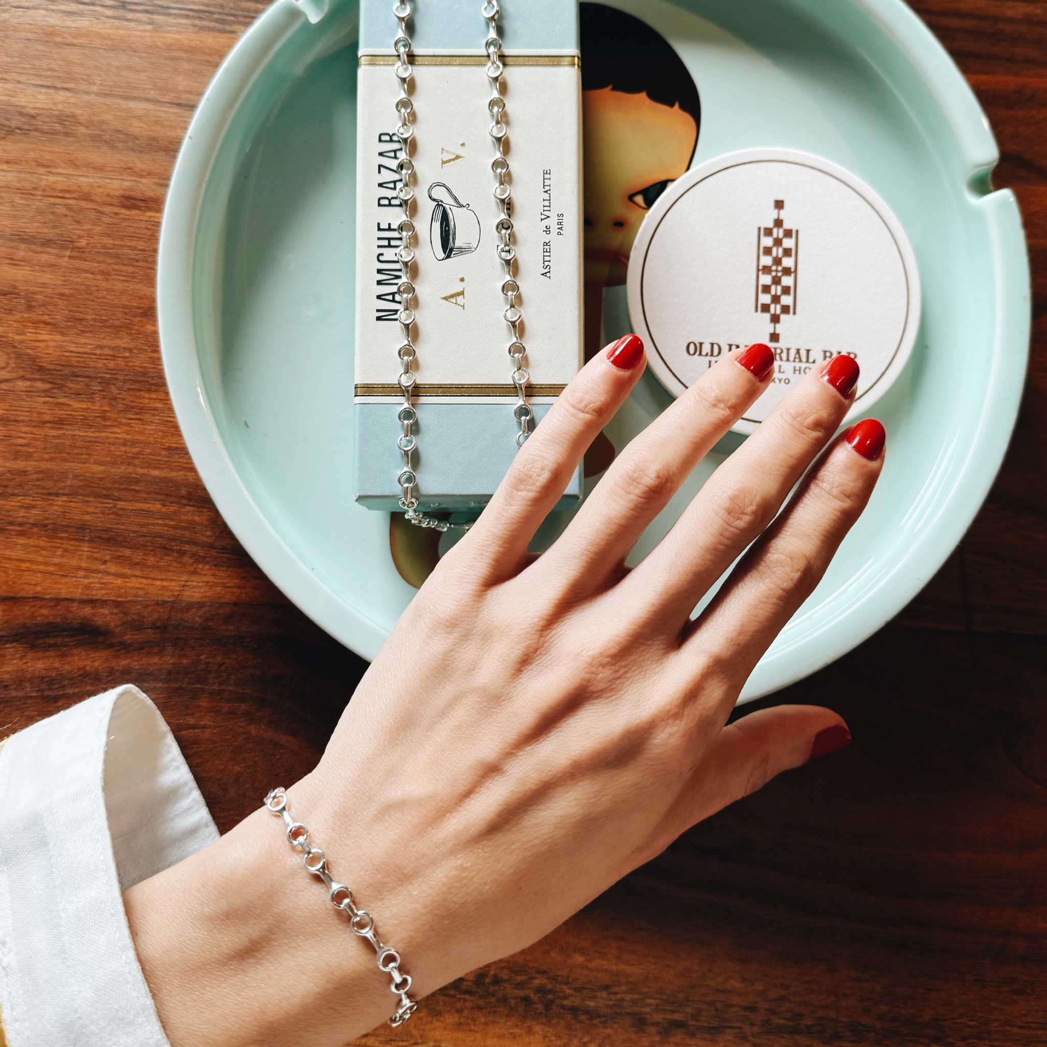 Luxury silver 15mm Double Beam Jewelry Set, featuring a necklace and bracelet with Tusk Clasp, beams linked in perfect symmetry by Rising shape-inspired orbs - Gabriela Artigas