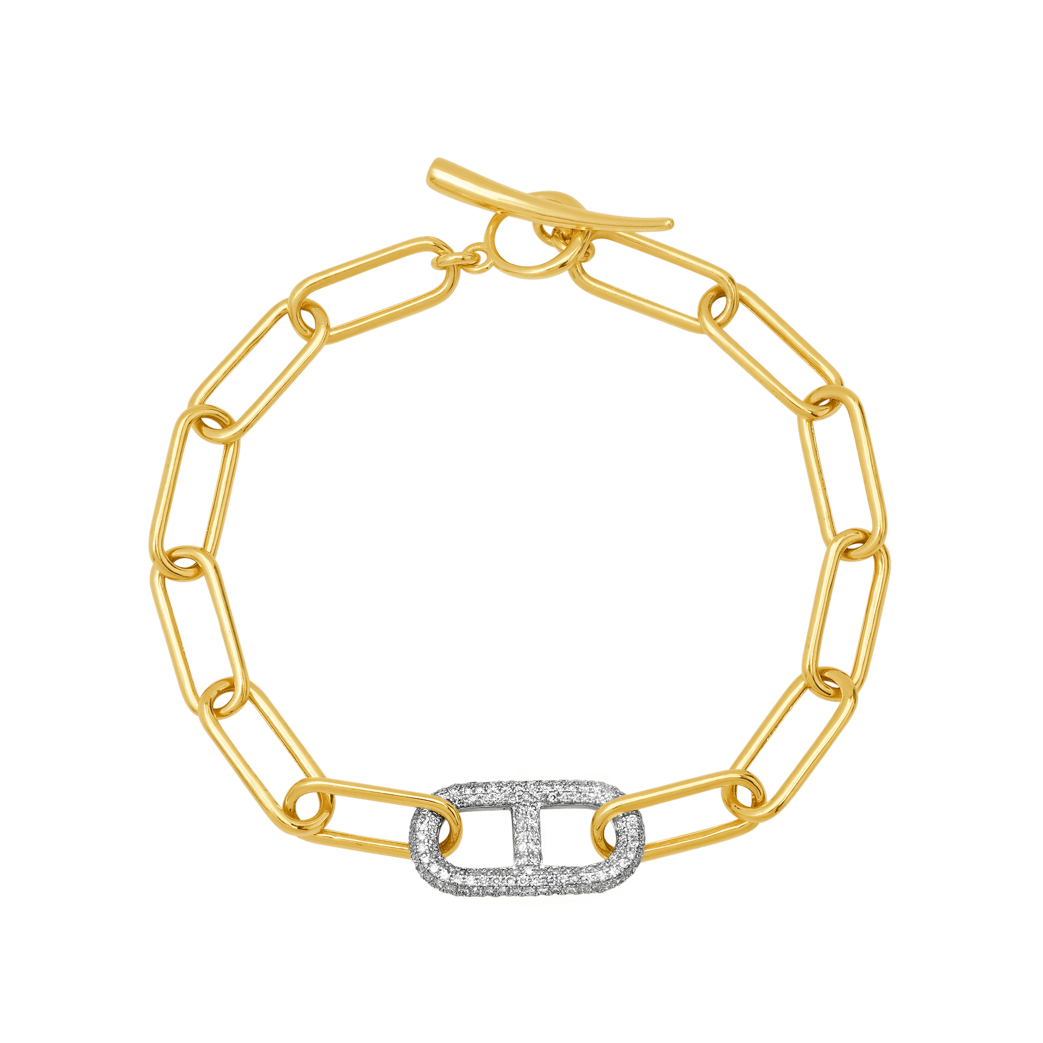 Gold rectangular link bracelet featuring white pave diamond stirrups and a tusk clasp closure - Gabriela Artigas