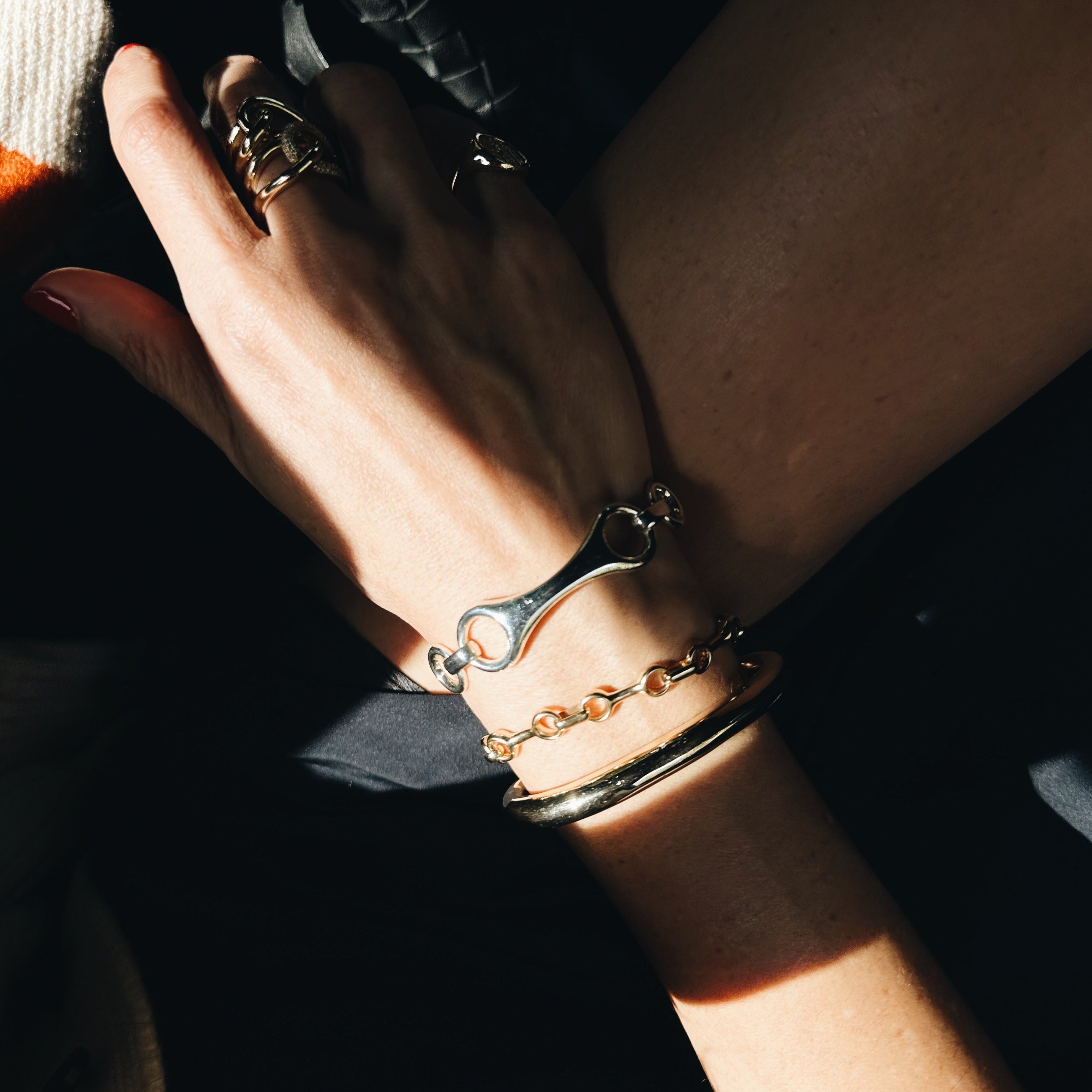 Gold vermeil Triple Linked Double Beam Cuff, inspired by a rising shape, tapering elegantly as it wraps the wrist from the Double Beam Collection - Gabriela Artigas