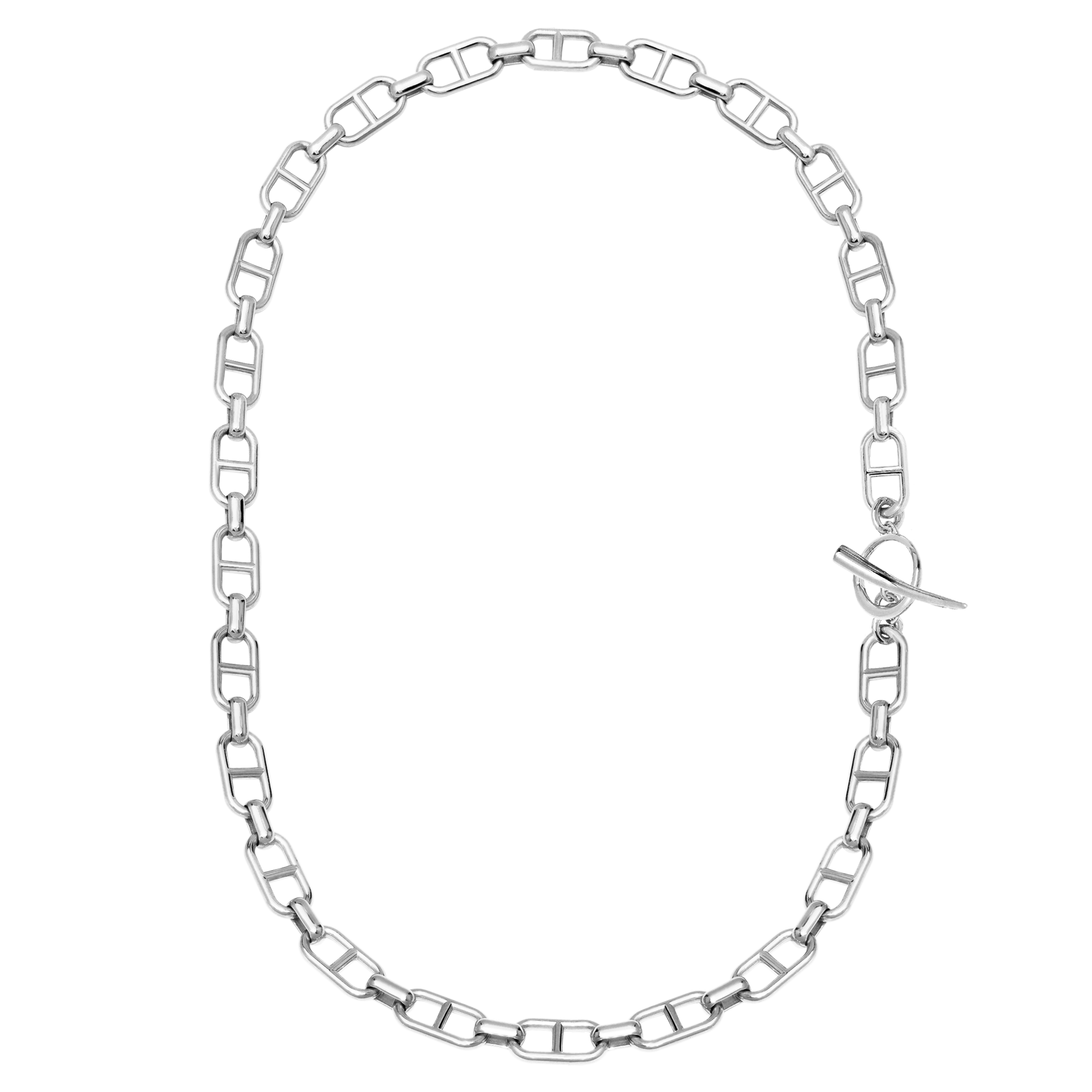 Crafted in sterling silver, this Stirrup Link Chain & Necklace from the Stirrup Collection showcases dual mirrored stirrups, blending refinement with the signature Tusk Clasp for a timeless statement - Gabriela Artigas