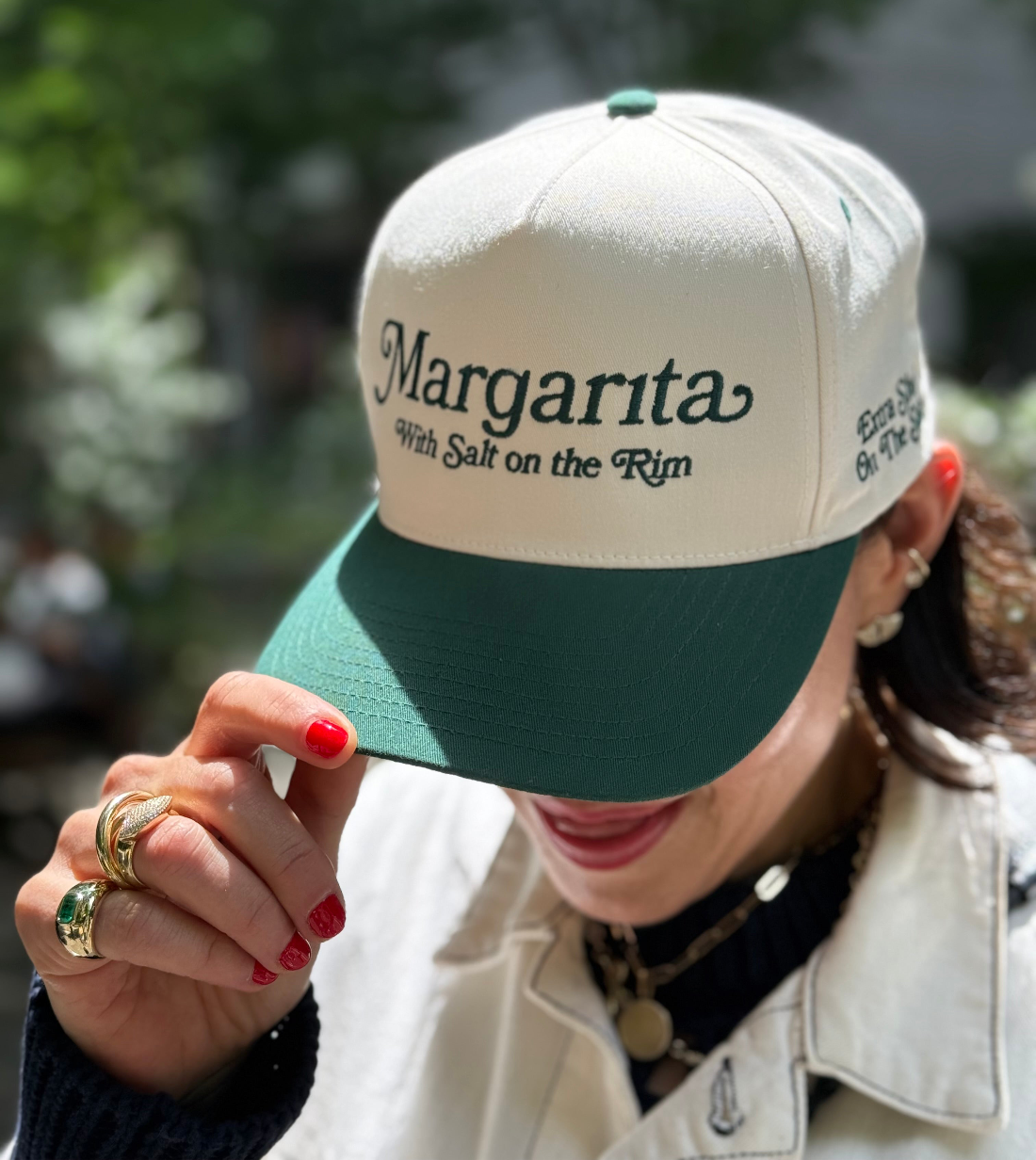 Embroidered Margarita Baseball Cap, available in white and green, with "Margarita with salt on the rim, extra shot on the side" for a trendy, laid-back vibe - Gabriela Artigas