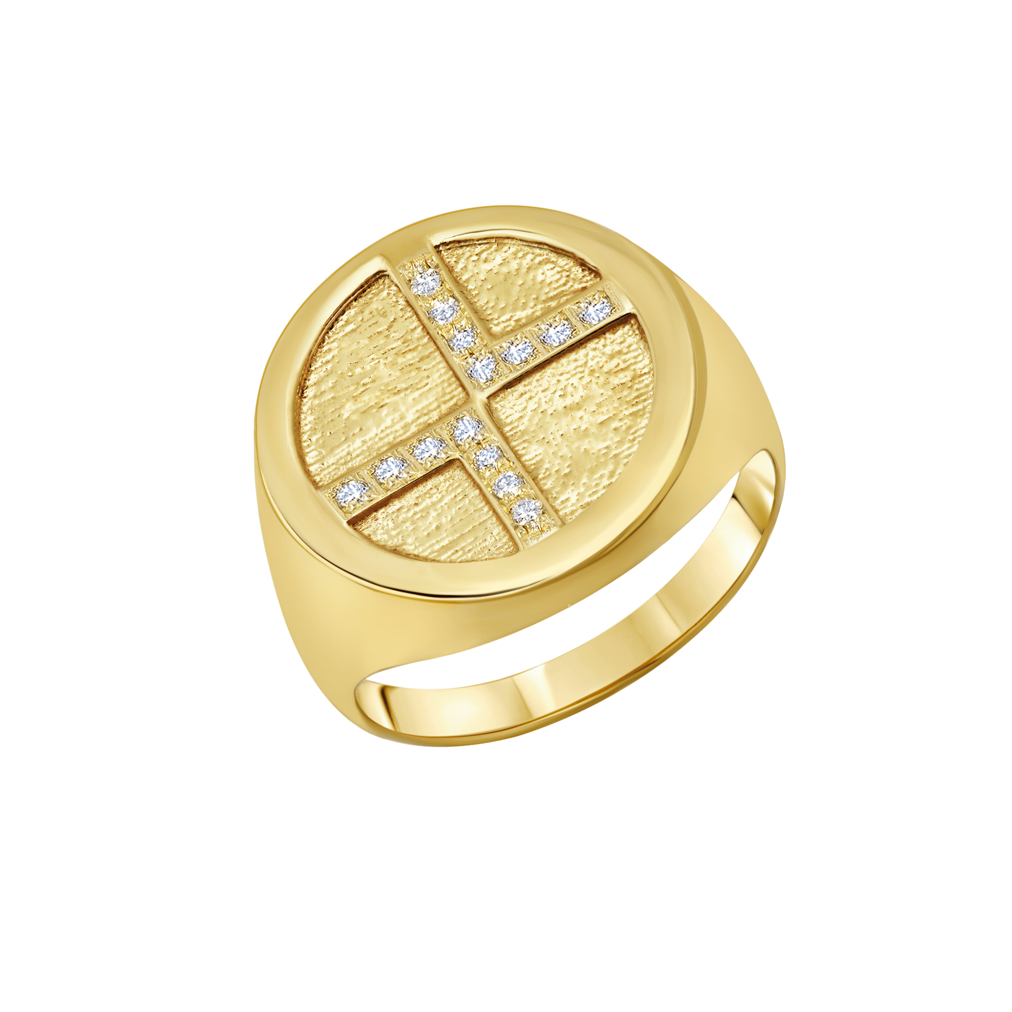 Refined gold medallion ring with an intricate White Pavé diamond symbol - Gabriela Artigas