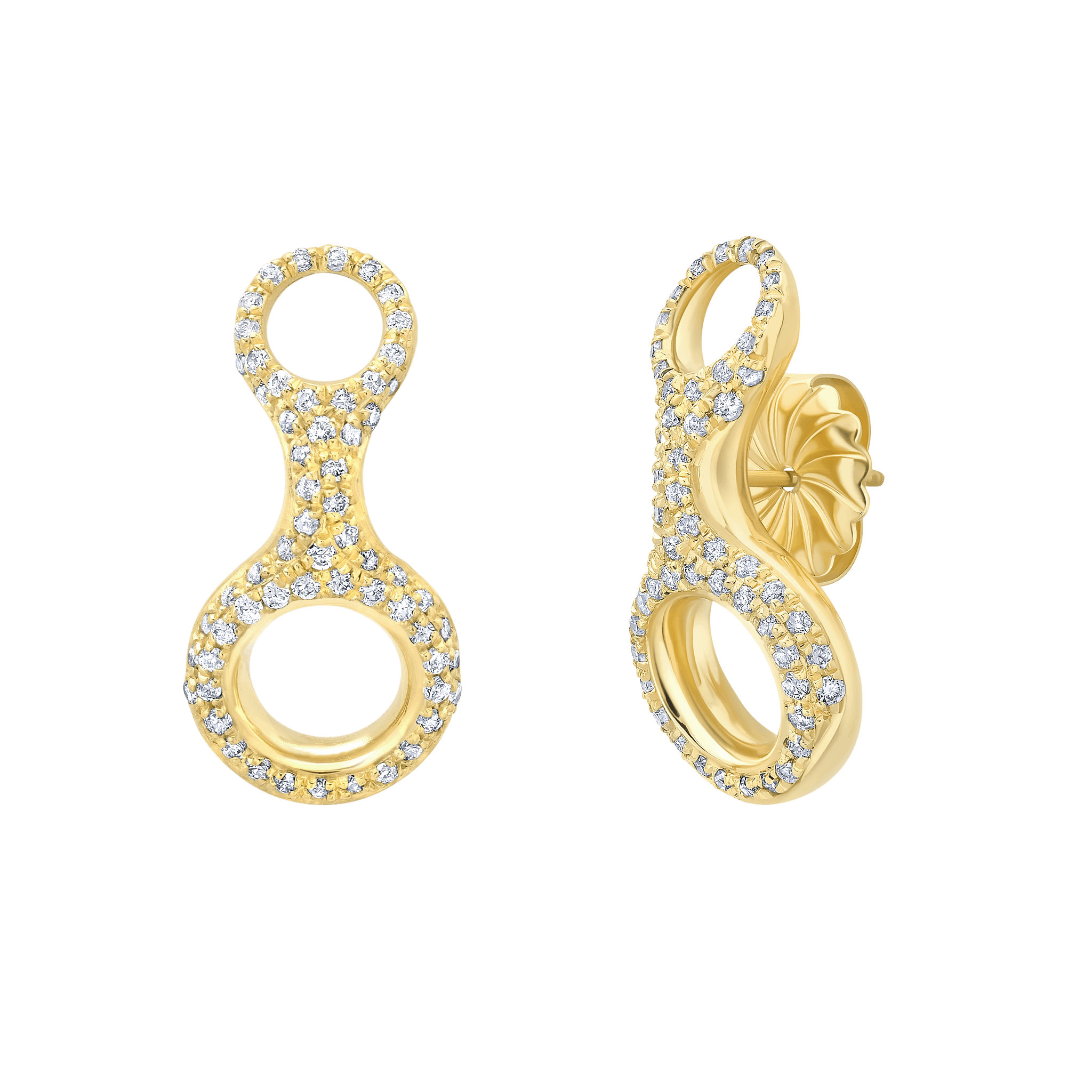 Luxury gold Ray Earrings in 14K yellow gold, covered in white pave diamonds, softly curve around the earlobe with a sculptural, radiant design - Gabriela Artigas