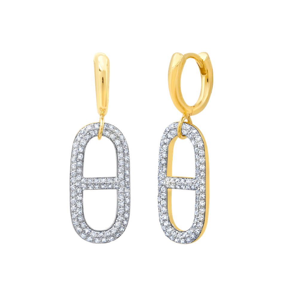 Designed with horseback riding in mind, this gold earring fuses elegance and equestrian style, featuring the Colmillo huggie and Stirrup accent, with white pave diamonds adorning the link for a chic finish - Gabriela Artigas