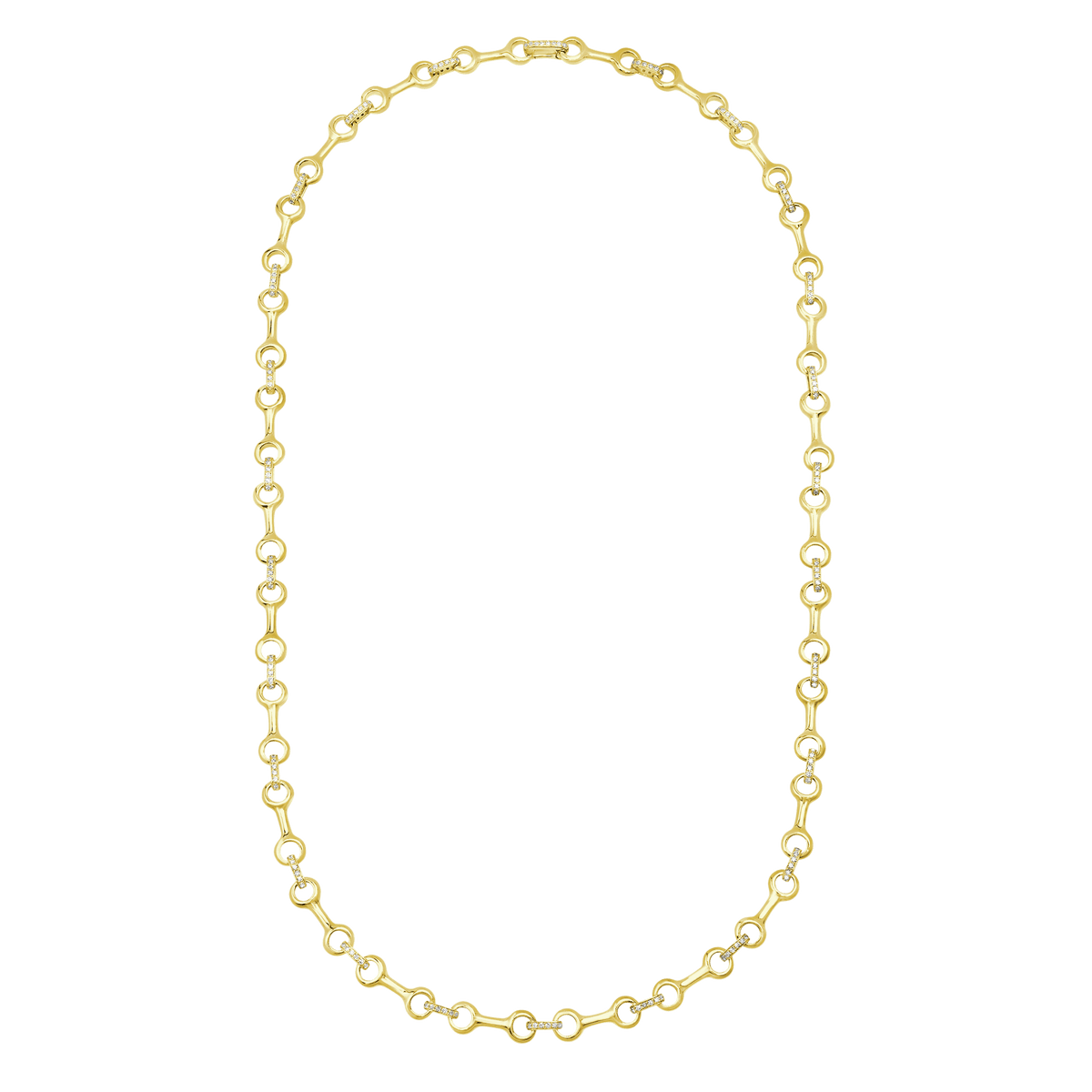 Double Beam necklace with diamonds, 15mm sculptural links and white pavé connectors in 14K gold, refined piece for equestrian jewelry collectors