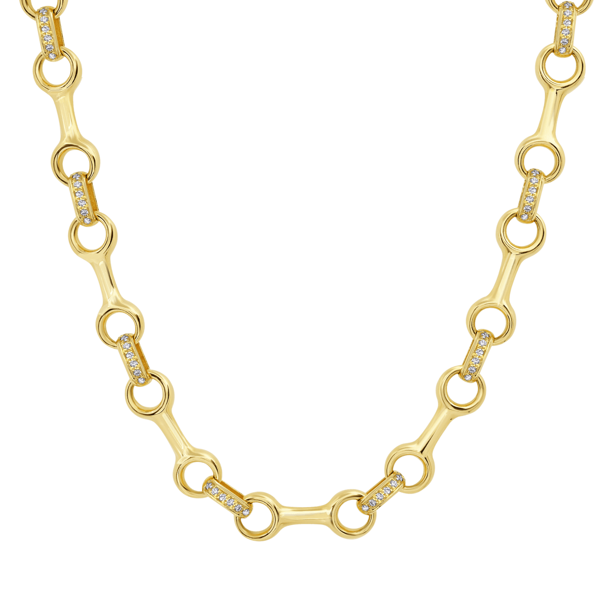 Double Beam necklace with diamonds, 15mm sculptural links and white pavé connectors in 14K gold, refined piece for equestrian jewelry collectors