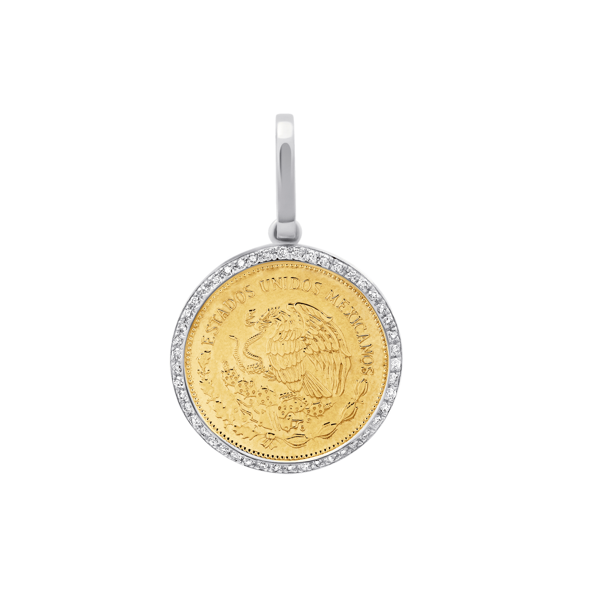 Vintage coin pendant with a Mexican coin centerpiece and white pavé diamond rim - Gabriela Artigas
