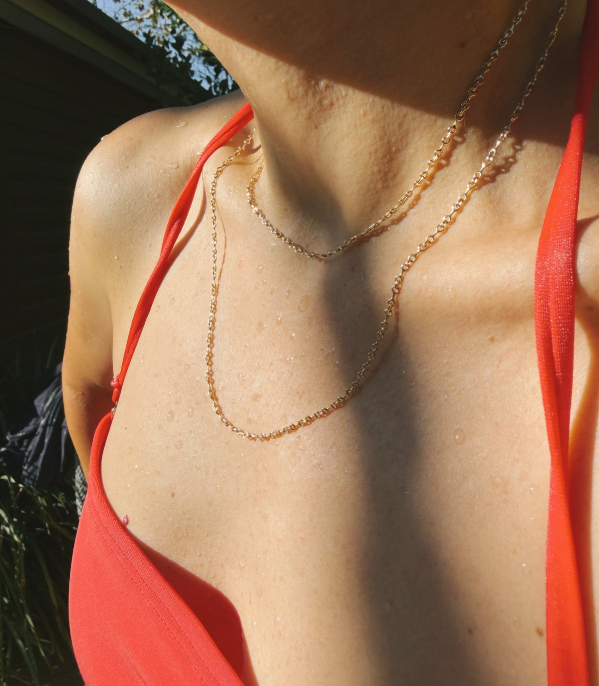 Gabriela Artigas Mini Double Beam Chain Necklace worn close to the neck — 5mm chain, handmade in Los Angeles
