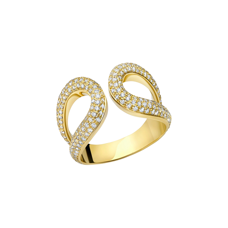 Statement Double Beam Ring, covered in white pave diamonds on 14K yellow gold, balancing bold structure with feminine diamond sparkle - Gabriela Artigas
