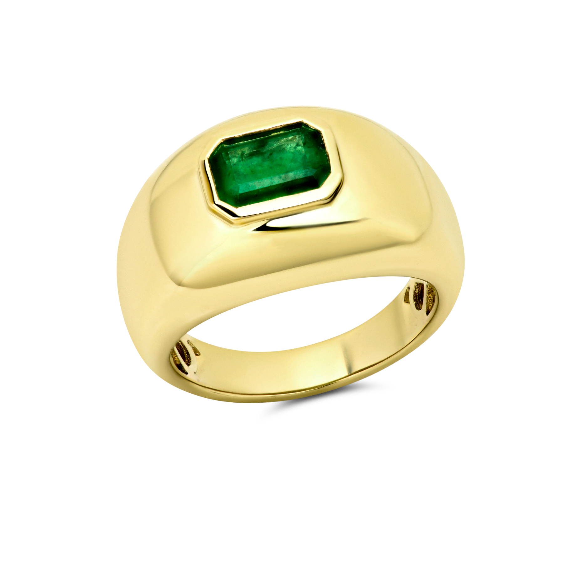 This luxury gold Medium Balloon Ring in 14K yellow gold, featuring an emerald, showcases a reflective design with striking volume and substantial elegance - Gabriela Artigas