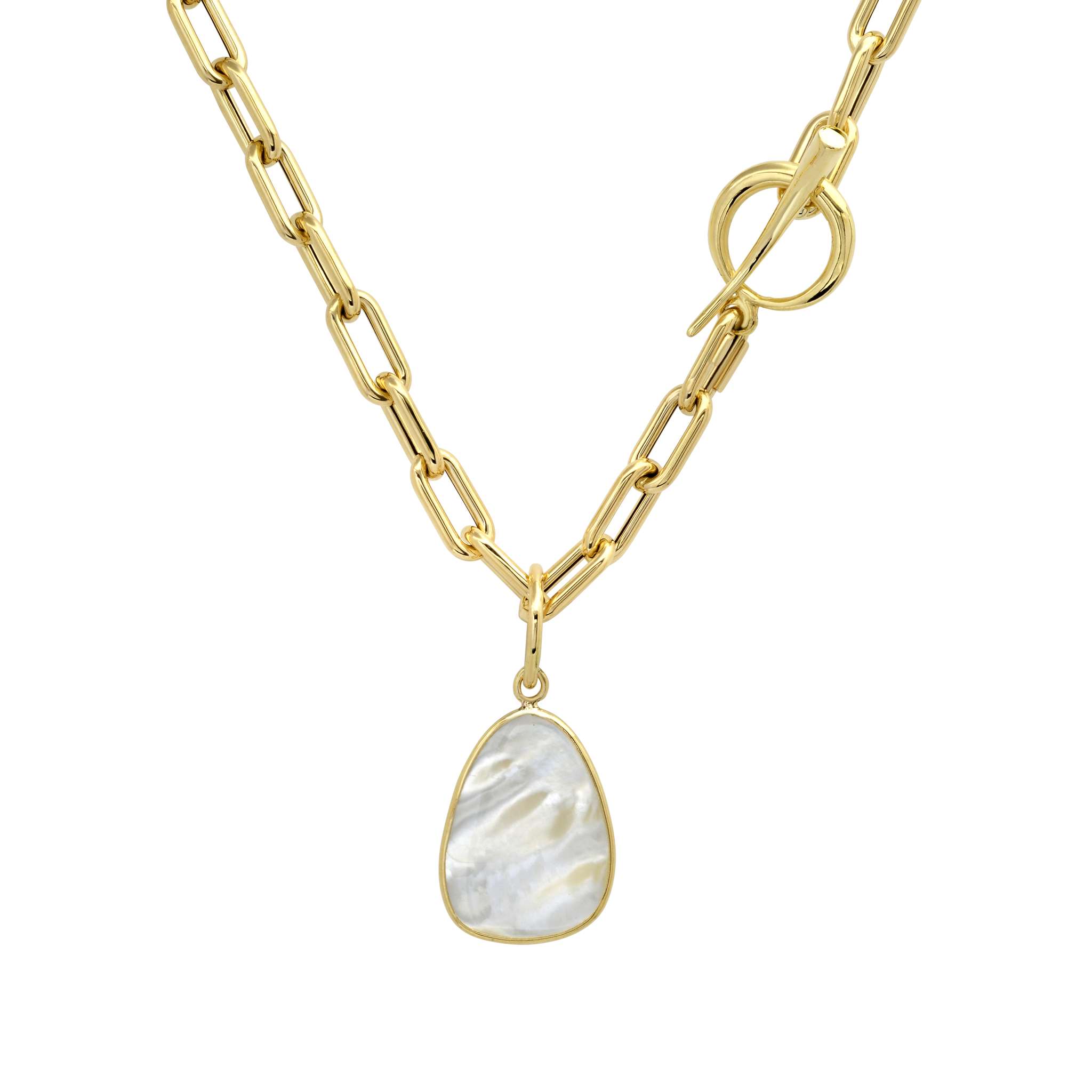 Set in a 14K yellow gold frame, this mother of pearl drop pendant shines with elegance, crafted to pair seamlessly with most chains for a customizable, chic look - Gabriela Artigas