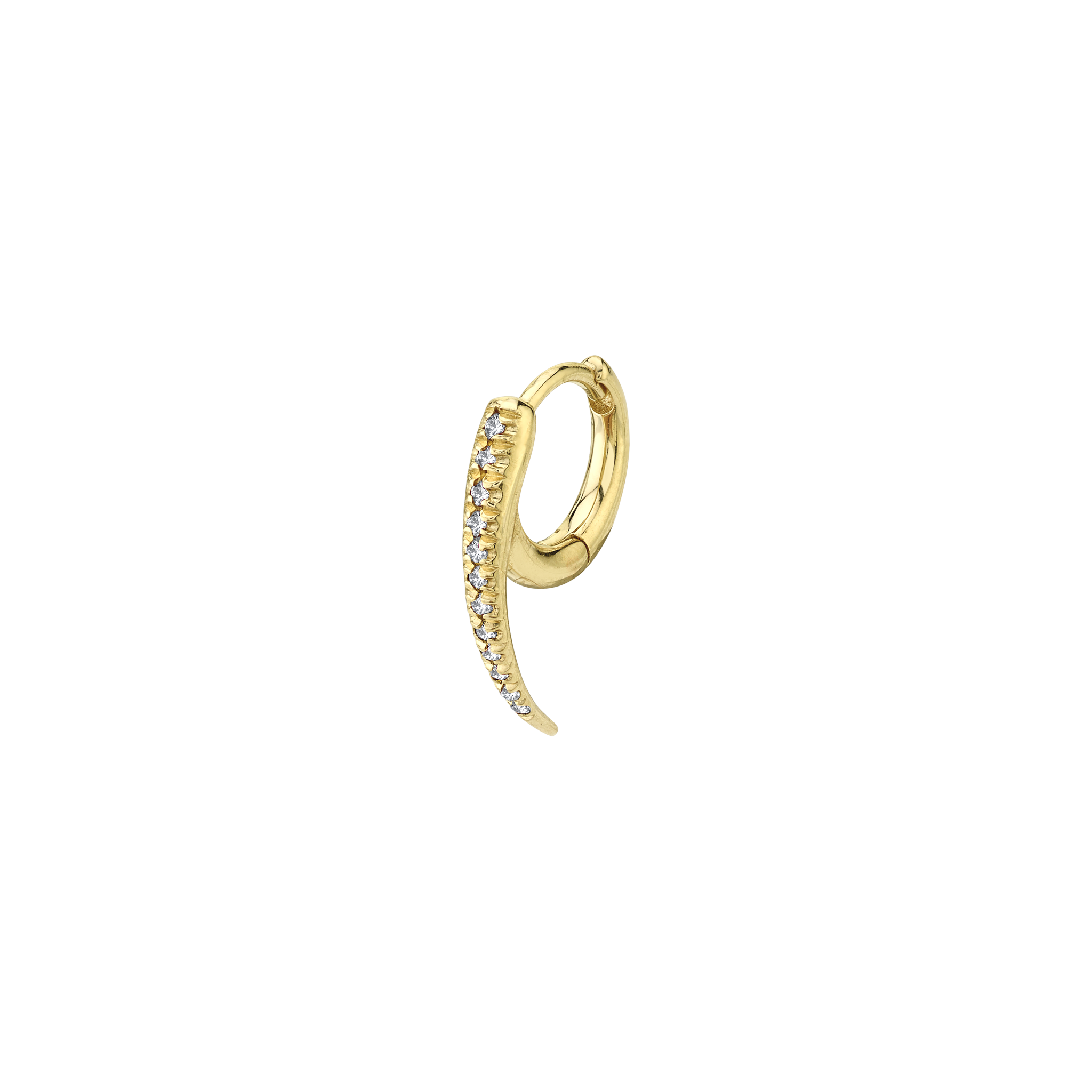 14K yellow gold Tusk Shape Huggie Earring, a statement piece with white pave diamonds at the front, hugging the ear with bold elegance - Gabriela Artigas