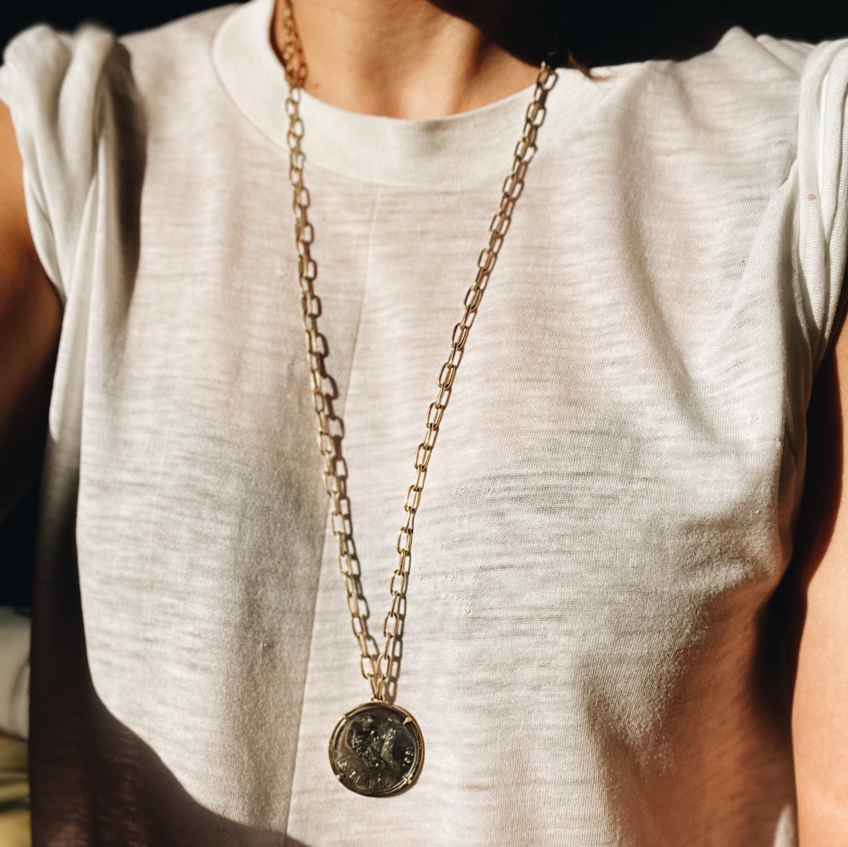 Gold chain Vintage Mexican Peso Necklace, a two-tone piece with a casual, urban vibe, perfect for stylish everyday elegance - Gabriela Artigas