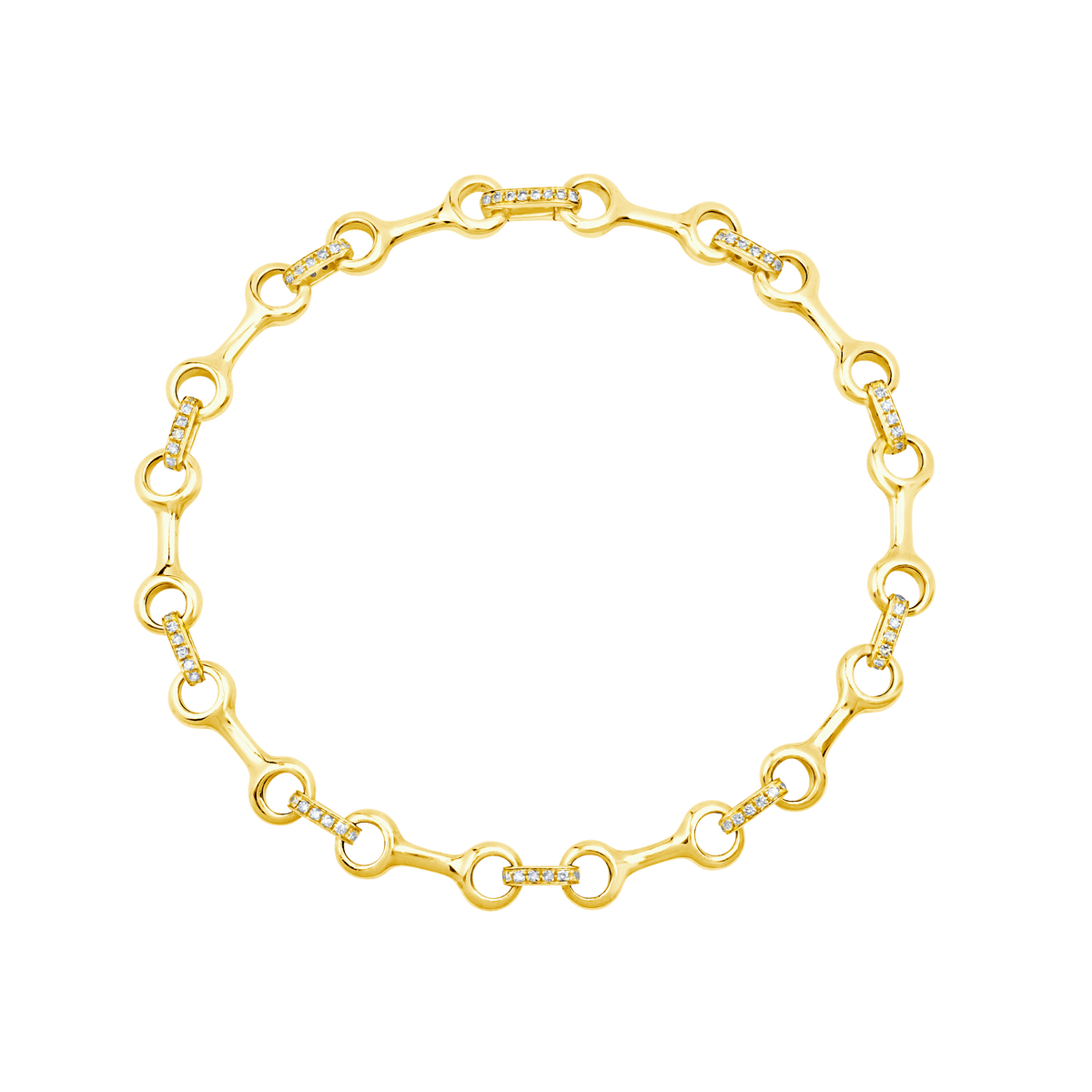 Medium Double Beam bracelet with diamonds, 15mm sculptural links and pavé connectors in 14K gold, refined piece for equestrian jewelry collectors