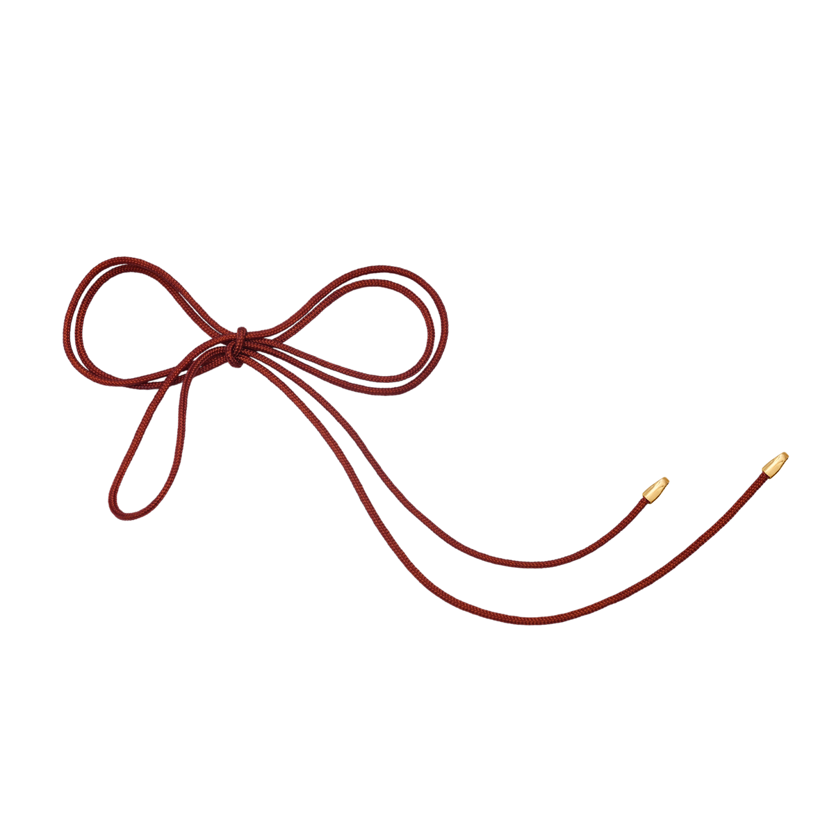 A dark red silk cord tied in a bow, featuring gold tips on each end, shown against a plain white background.