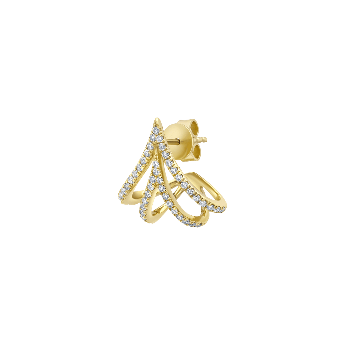 Negative space becomes design element. The Cage Apse Earrings feature an open architectural framework in 14K gold, defined by white pavé diamonds. The geometric cage structure celebrates the interplay between solid form and void.

These luxury statement earrings are ideal for design professionals and fine jewelry collectors seeking contemporary pieces with sculptural presence.