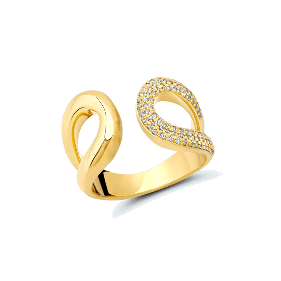 Gabriela Artigas Double Beam ring with asymmetrical pavé diamond detail, 14K gold, luxury piece suited to riders and equestrian jewelry collectors