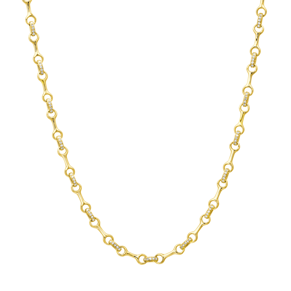 Gabriela Artigas & Co Small Double Beam Chain Necklace with Pavé Connectors — solid 14K yellow gold — flat lay editorial