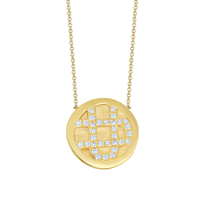 Rooted in ancient Rome’s legacy, this 14K yellow gold medallion, one of twelve, features white pave diamonds forming a birth month, designed for personalized history and symbolism - Gabriela Artigas