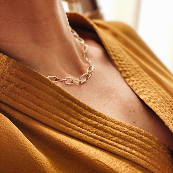 Long Rectangular Chain Necklace with White Pavé Diamond Link - Gabriela Artigas